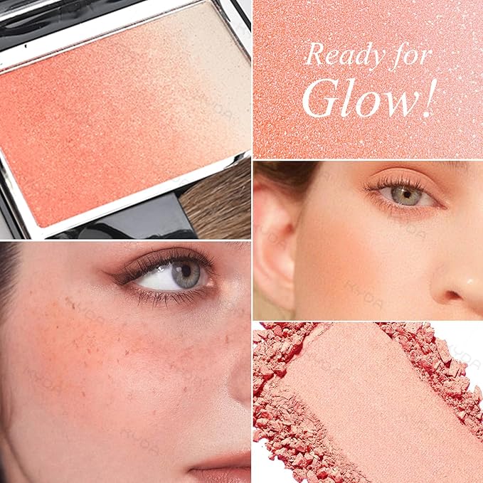KYDA Orange Shimmer Blush, Gradient Warm Apricot Orange Color, Micro-fine Pearl Powder Blush, Soft Buildable Cheek Color, Lightweight Smooth, Multiuse Blusher Makeup Compact