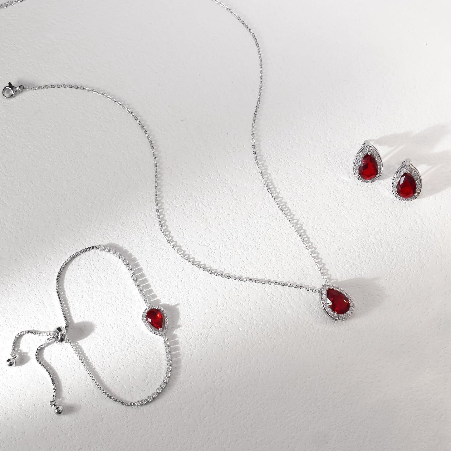 UDYLGOON Teardrop CZ Bridal Jewelry Set Imitation Diamond Earrings Necklace Bracelet for Bride Bridesmaids Wedding Prom Party (Drop-Red)