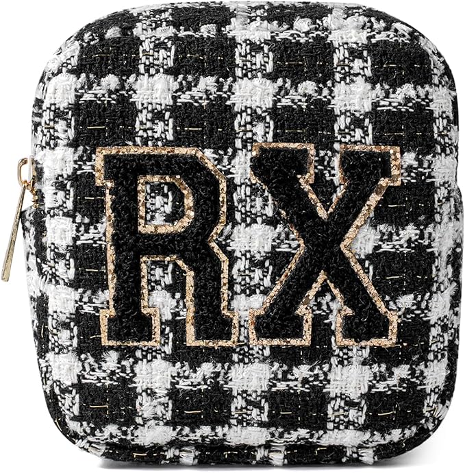 Small Medicine Bag for Travel, Personalized RX Chenille Letters Checkered Pouch for Women and Girls, Cute Meds Drug Makeup Bags with Zipper (03Black Checkered)