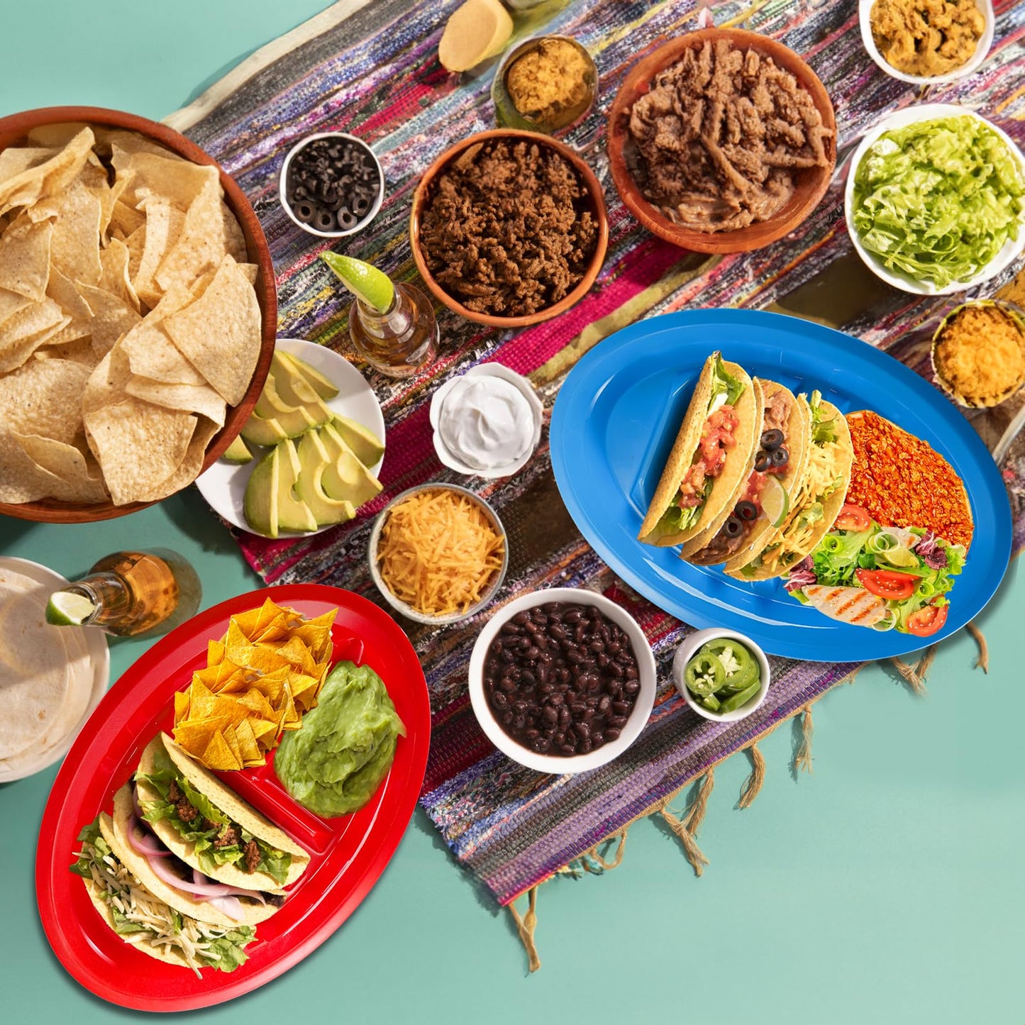 Bekith 10 Pack Plastic Taco Plates for Party, Large Taco Holder with 2 Dipping Areas, Stand Up Divider for 3 Tacos, BPA Free, Dishwasher Safe, Colorful