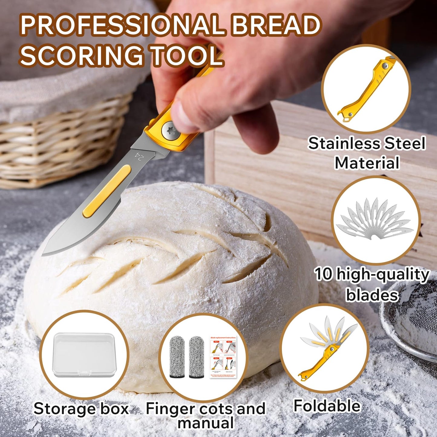 CRUIFU 2pcs Bread Lame Dough Scoring Tool,Folding Scalpel Knife with 40 Razor Blades,Multi-Function Sourdough Scoring Tool for Homemade & Baguette Artisan Bread Baking Supplies (Gold/Gray)