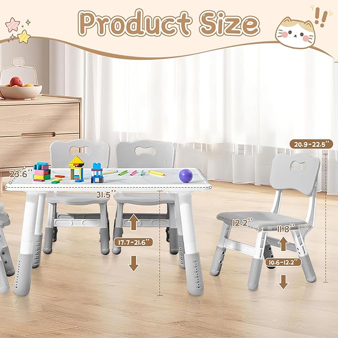 Adjustable Kids Table Chairs Set – Graffiti Desktop, Multi-Activity Height-Adjustable Toddler Study Desk for Ages 3-8 – Ideal for Home, Classroom, Daycare (B-Gray, 4 Chairs-31.5" L x 23.6" W)