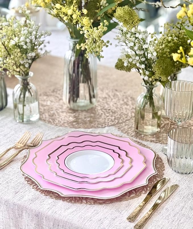 " OCCASIONS " 10 Pieces 13.25'' Scalloped Disposable/Reusable Plastic Charger Plates for Wedding, (Scalloped Imperial Light Pink & Gold)