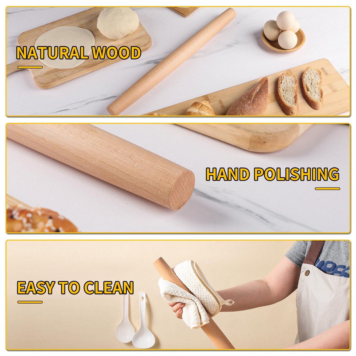 French Rolling Pin (18.92Inches) –WoodenRoll Pin for Fondant, Pie Crust, Cookie, Pastry, Dough –Tapered Design & Smooth Construction - Essential Kitchen Utensil- Easy Clean Handle