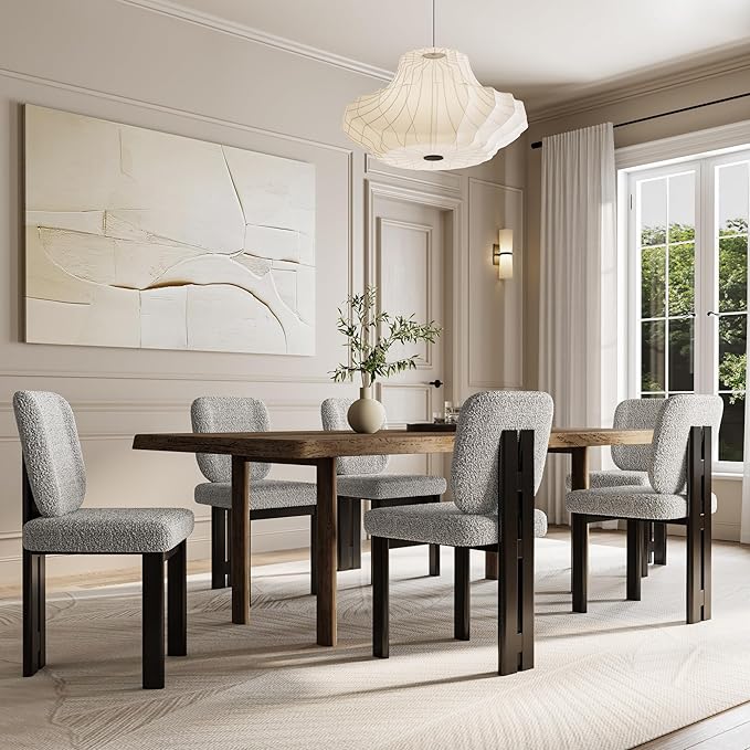 Modern Boucle Dining Chairs Set of 6, Farmhouse Sherpa Upholstered Wooden Kitchen Chairs with Back, Side Armless Dining Room Chairs with Brown Wood Legs for Kitchen Restaurant, Gray