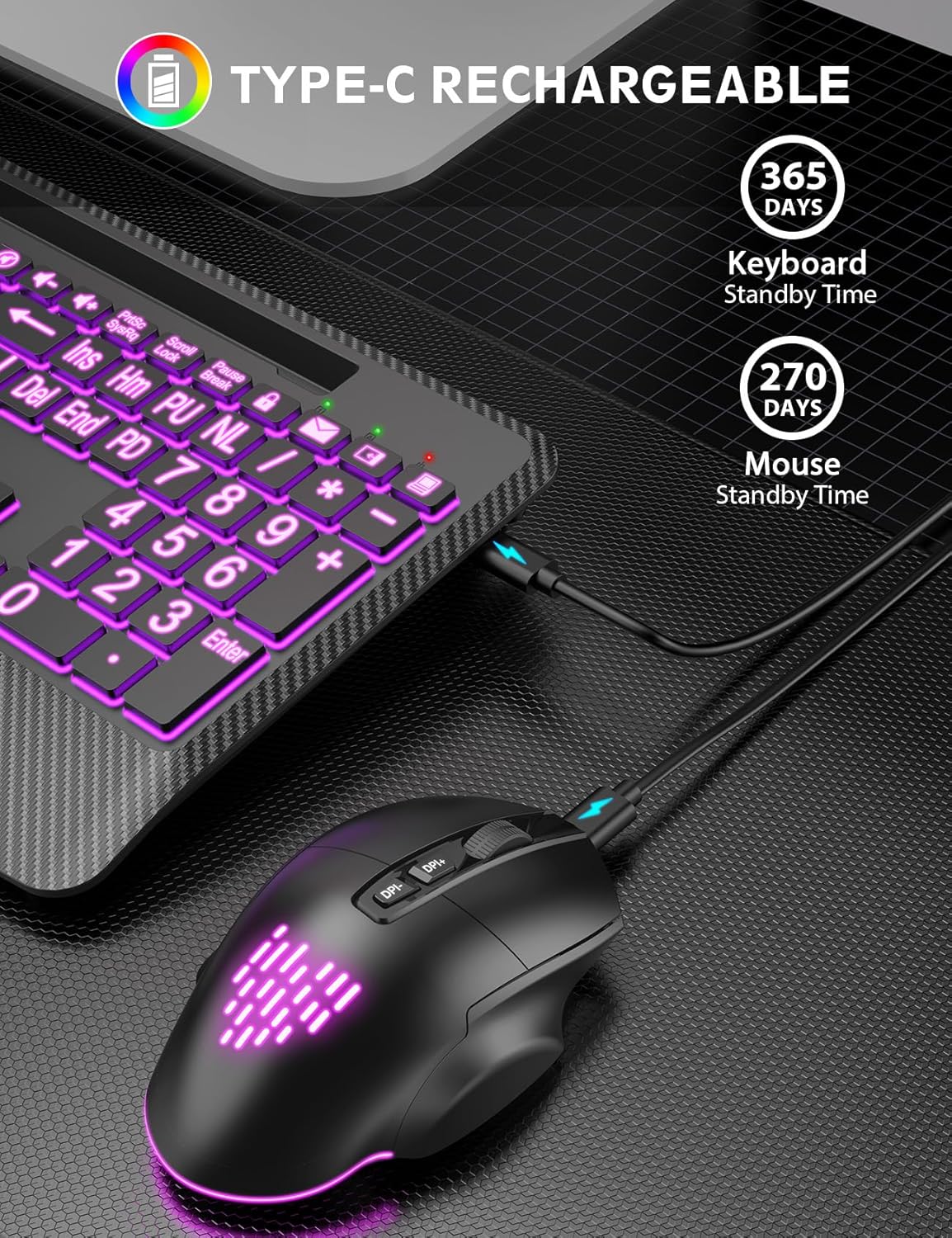 Wireless Keyboard and Mouse Backlits, Wrist Rest, LED Mouse, Rechargeable Ergonomic Keyboard with Phone Holder, Silent Light Up Combo for Computer, Mac, PC, Laptop, Chromebook (Black Large Print)