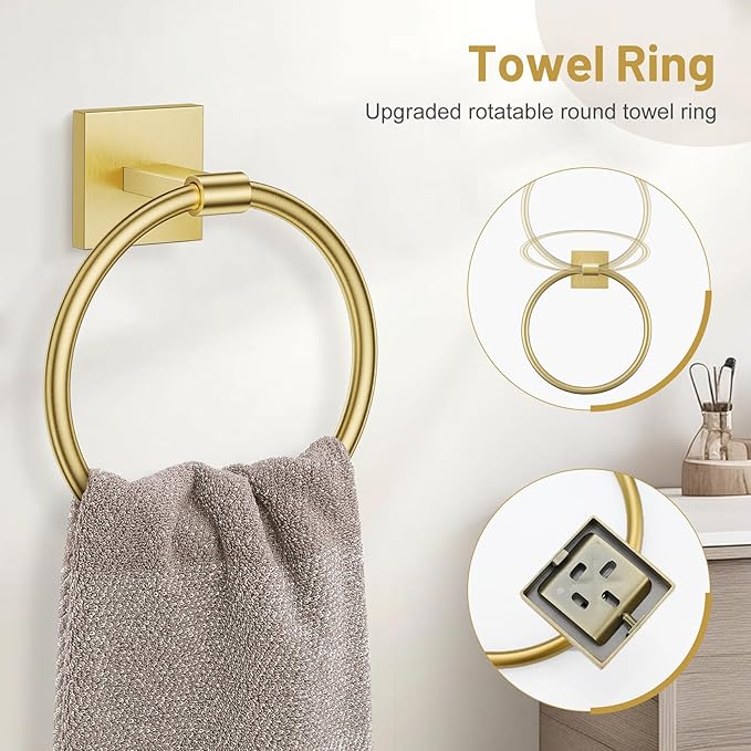 5 Pieces Brushed Gold Bathroom Hardware Set, SUS304 Stainless Steel Bathroom Accessories Set 23.6 inches Towel Bar, Toilet Paper Holder with Shelf, Towel Ring and Two Towel Hooks Wall-Mounted