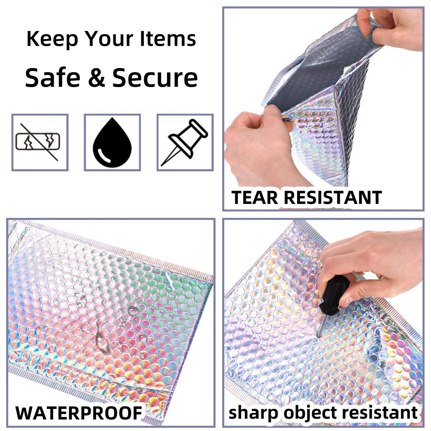 ZAVOOS 50 Pieces Metallic Bubble Mailers, Self-Seal Poly Padded Envelopes, Waterproof Holographic Bubble Shipping Envelopes for Mailing, Packing, Small Business, Christmas Gifting
