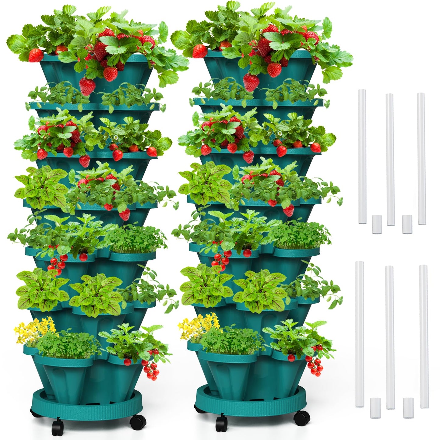 Tectsia Strawberry Vertical Planters Tower Garden 2 Pack, 7 Tiered Stacking Herb Vegetable Planter with Support Pole Indoor and Outdoor - Hunter Green
