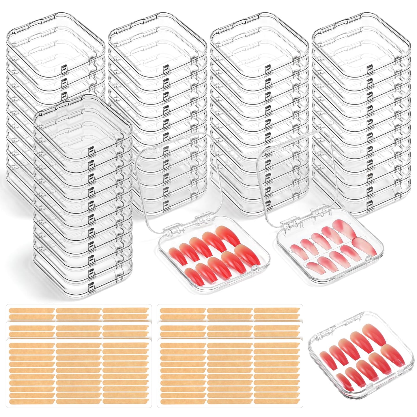 50pcs Press On Nail Storage Box with 180 Pcs Adhesive Double Sided Tape Clear Artificial Nail Display Case Acrylic Nails Boxes Press On Nails Packaging Box NailContainer for Salon Storage Display Art