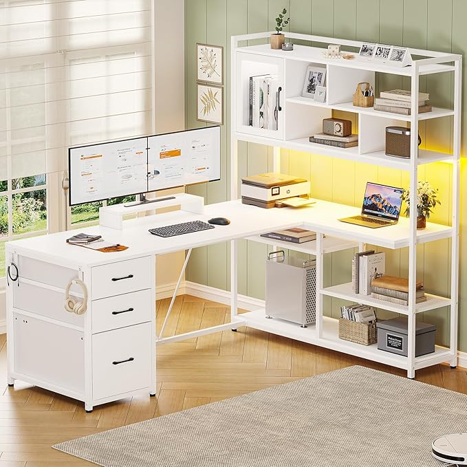 SEDETA L Shaped Computer Desk, 58'' Office Desk with 3 Drawers and Bookshelf, L Shaped Corner Desk with Storage Shelves and LED Light for Home Office, Gaming Desk, L Desk, White