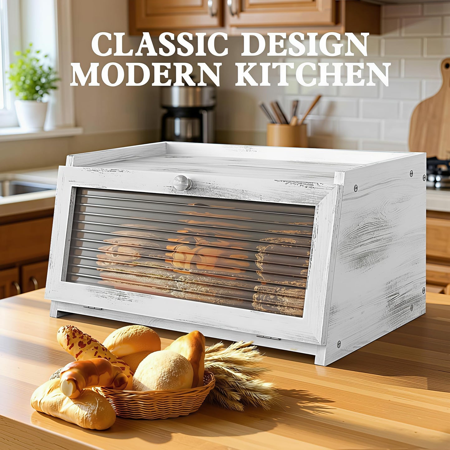 LOHASOK Bread Box for Kitchen Countertop Large Farmhouse Bread Container Bread Storage with Window Wooden Bread Holder
