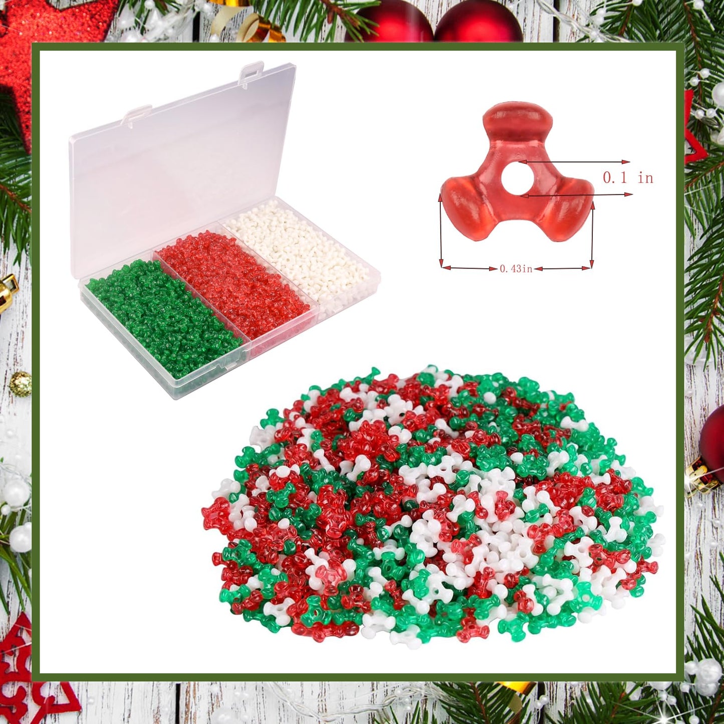 2400Pcs Christmas Tri Beads, Christmas Tri Shaped Beads Red Green White Triangle Beads for Craft Wreath Candy Cane-Xmas Holiday Tree Decorations Beaded Ornament Kit