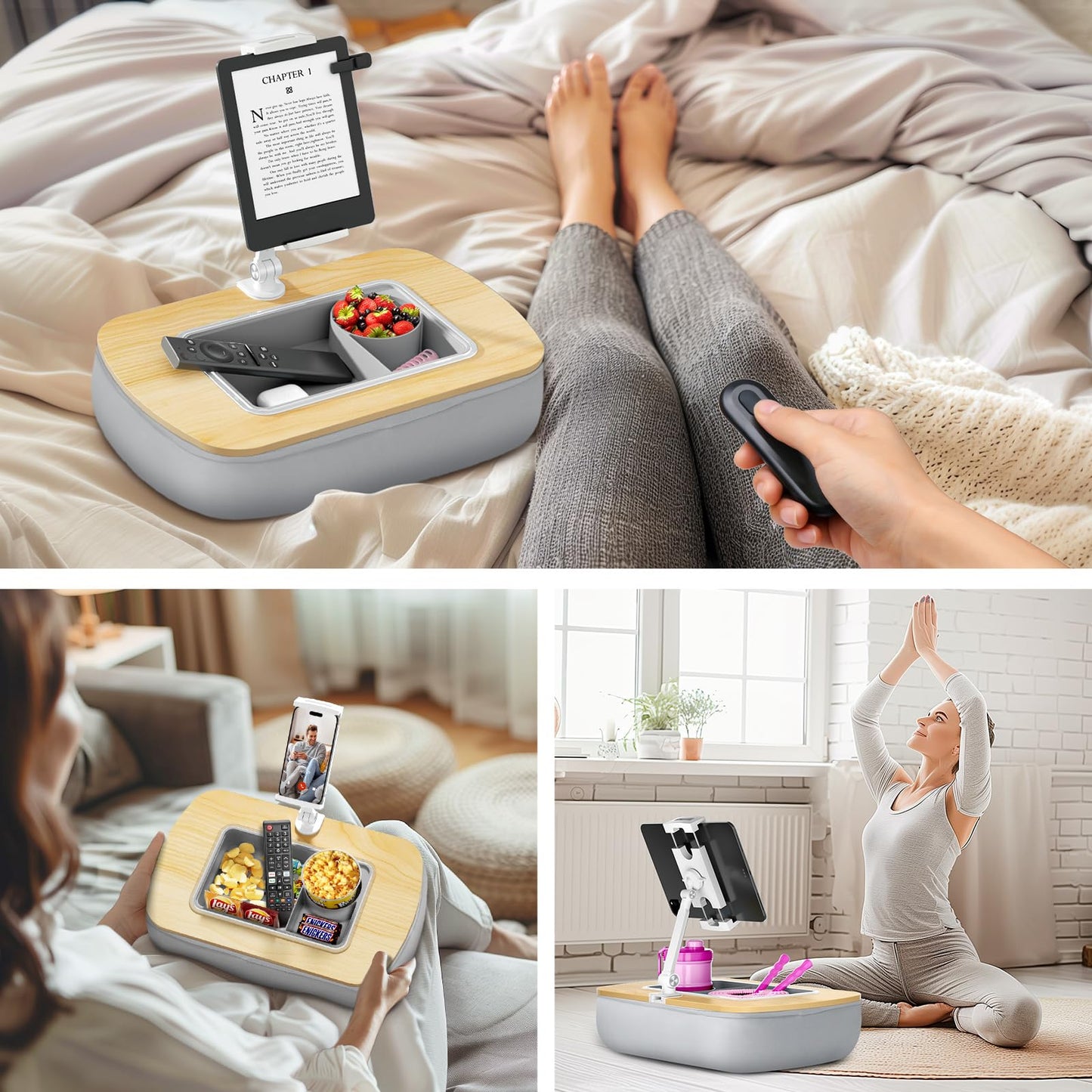 ERGONOV Tablet Stand Pillow with Snack Bowl, iPad Lap Holder for Hands-Free Reading and Relaxation on Bed,Couch,Recliner, 360° Rotating Clip for 4.7-13" Kindle,eBook,Tablet,iPhone (Birch Gray)