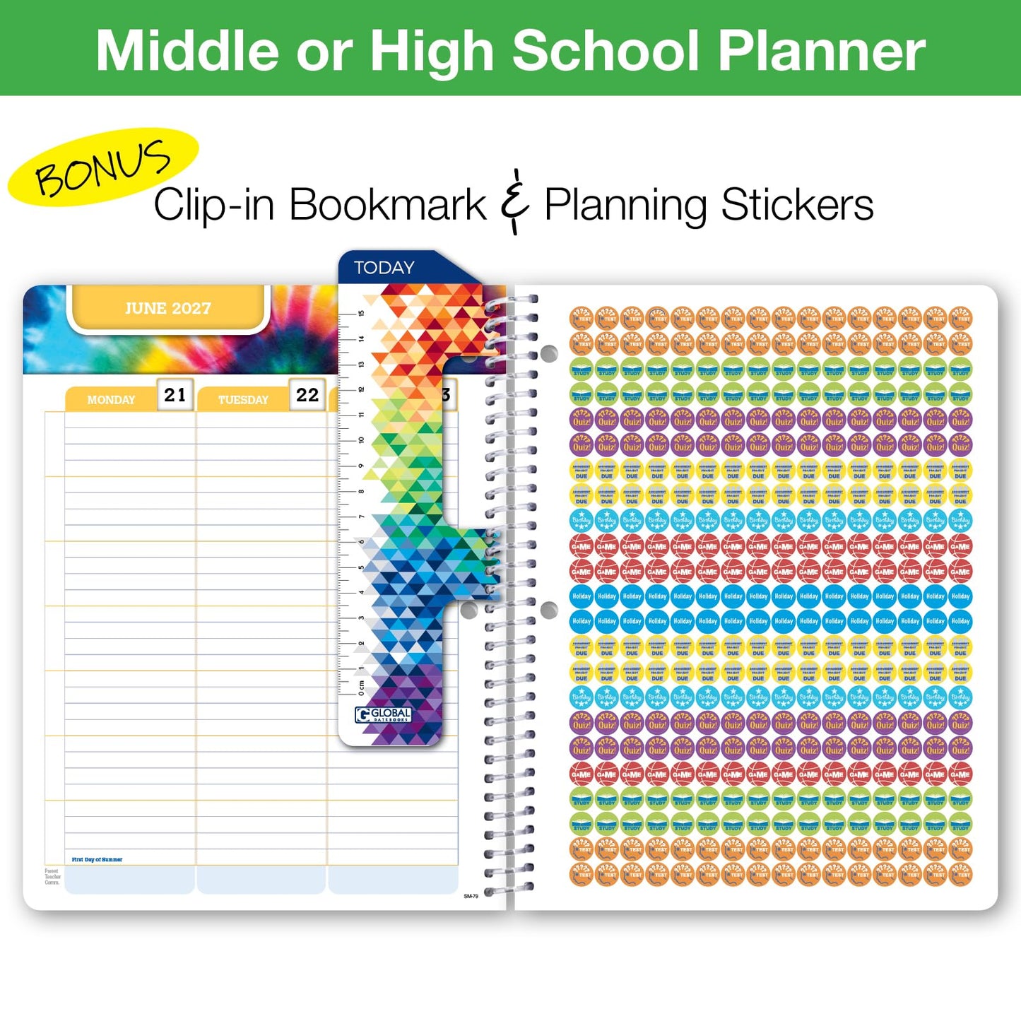Global Datebooks 2026-2027 Middle & High School Student Planner 7" x 9" - Dated Weekly & Monthly Academic Planner w/Ruler/Bookmark & Stickers, Ideal for Homework, Matrix Style, Triple Stripe