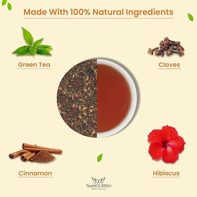 TeaNOURISH Hibiscus Cinnamon Green Tea | Darjeeling Loose Leaf | 100% Natural Hibiscus Flower, Cinnamon & Clove | Delicious & Refreshing | Brew Hot or Iced Tea - 3.53oz/100g