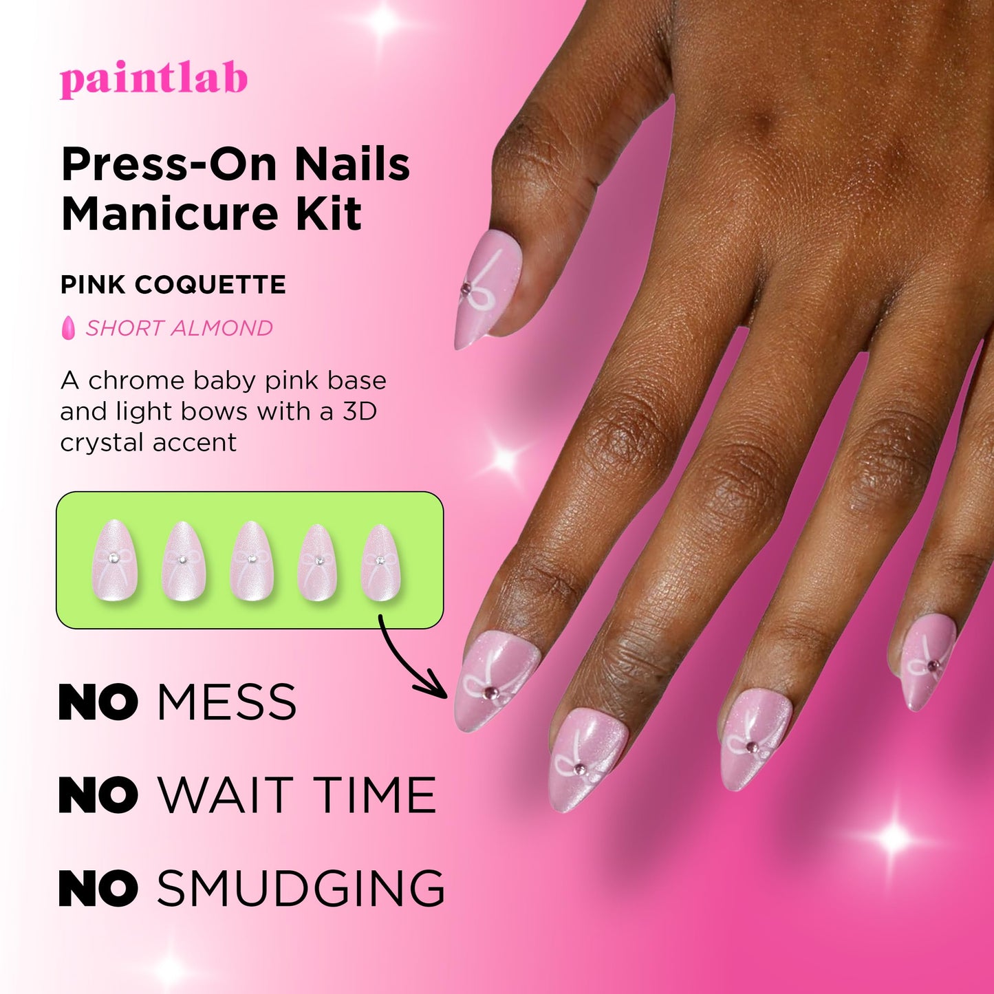 PaintLab Press-On Nails Manicure Kit, Pink Coquette, 24-Piece Set, Long-Lasting Fake Nails with Glue, File, Prep Pad & Cuticle Stick