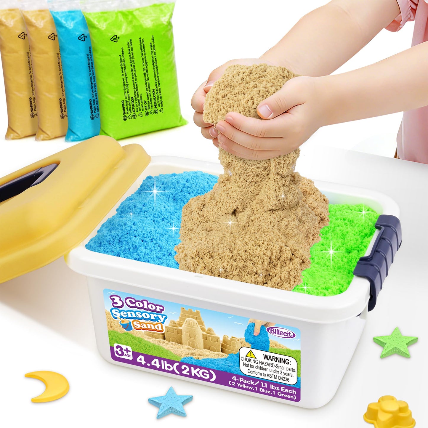 Billeeit 4.4 lbs Play Sand w/Storage Sandbox, 4-Pack(2 Yellow, 1 Blue, 1 Green) Sensory Bin Refill Sand for Shaping, Molding, Pressing, Scooping, Rolling, Self-Sticking Sand Sensory Toy for Kids 3+