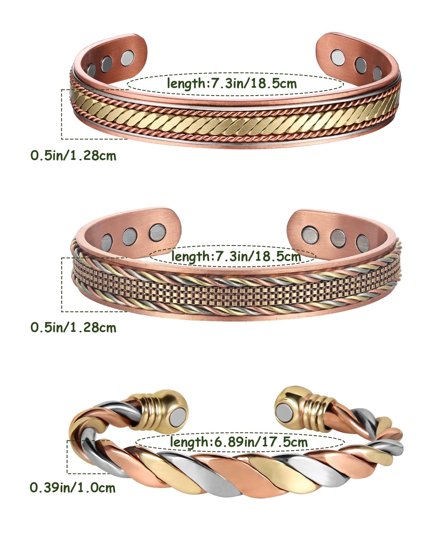 MagEnergy Copper Bracelets for Women Men, Set of 3 Pcs, Magnetic Therapy, Handmade 99% Copper Cuff Bracelet, Jewelry Gift Box
