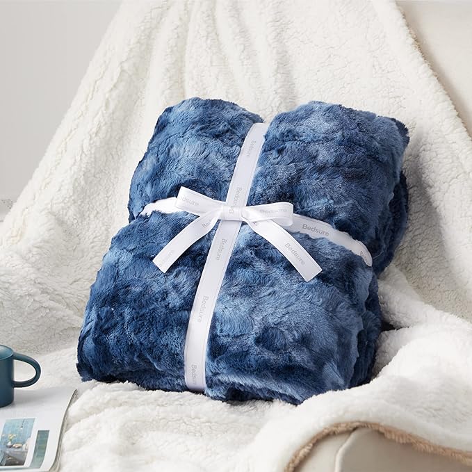 Bedsure Sherpa Blanket - Soft, Fuzzy & Fluffy Faux Fur - Warm, Cozy Throw Blanket for Couch, Sofa and Bed, Tie Dye Design, Indigo, 50x60 Inches