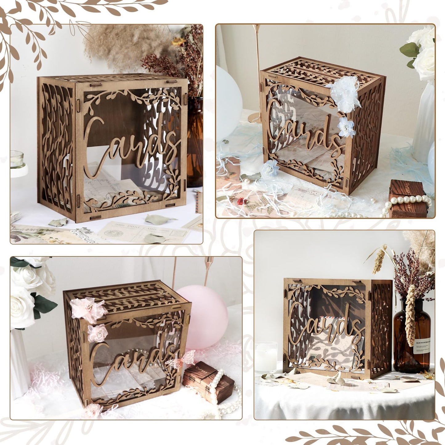 OurWarm Wedding Card Box with Window, Brown Wooden Box Wedding Decorations for Reception, Money Index Card Box for Weddings Bridal Shower Rustic Weddings Decor Party Decorations