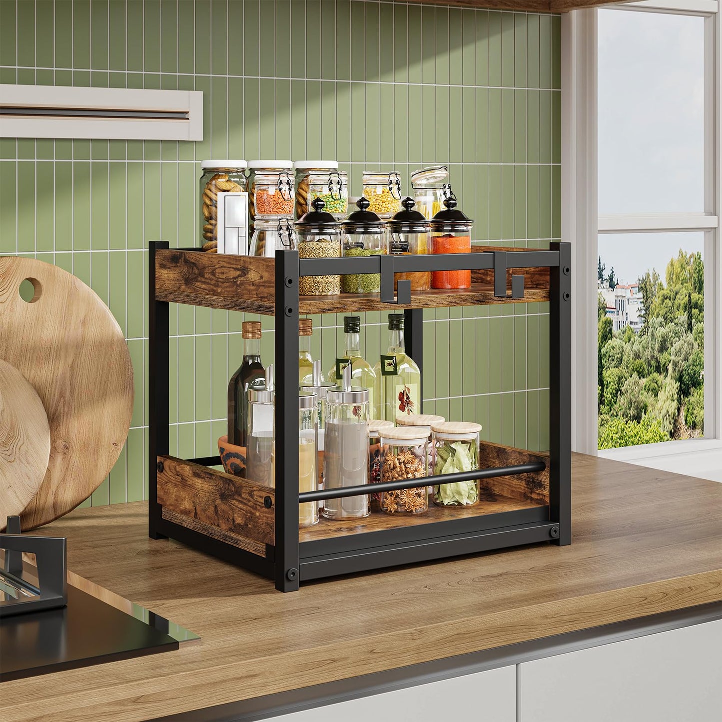 HOOBRO Kitchen Countertop Organizer, Corner Shelf Organizer, 2-Tier Spice Rack with Pull-Out Shelf and Hooks, for Kitchen, Office, Study, Bedroom, Living Room, Rustic Brown and Black BF08TL01