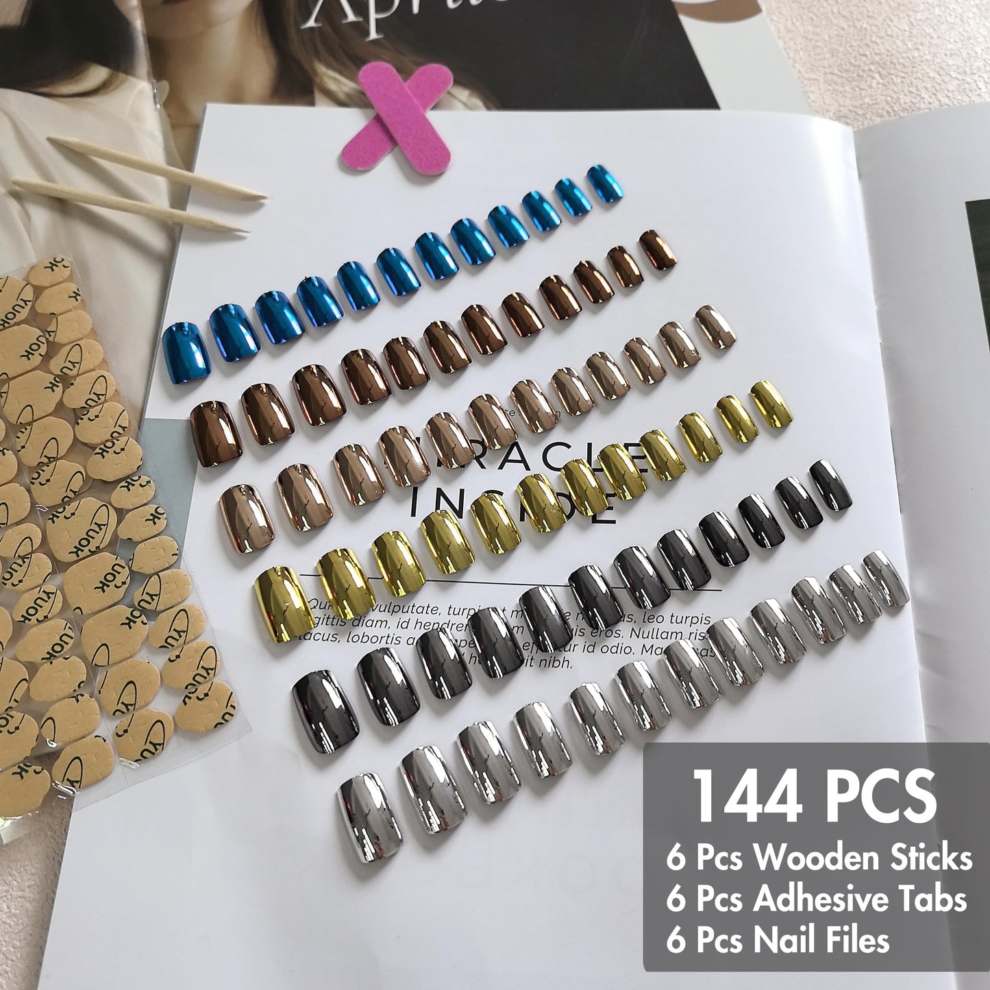 6 Packs Chrome Press On Nails Short Medium, KQueenest Acrylic Press On Nails Square, Short Fake Nails Press Ons, Metallic Glitter Glue on Nails Stick On Nails for Women Birthday Party Gift in 144 Pcs