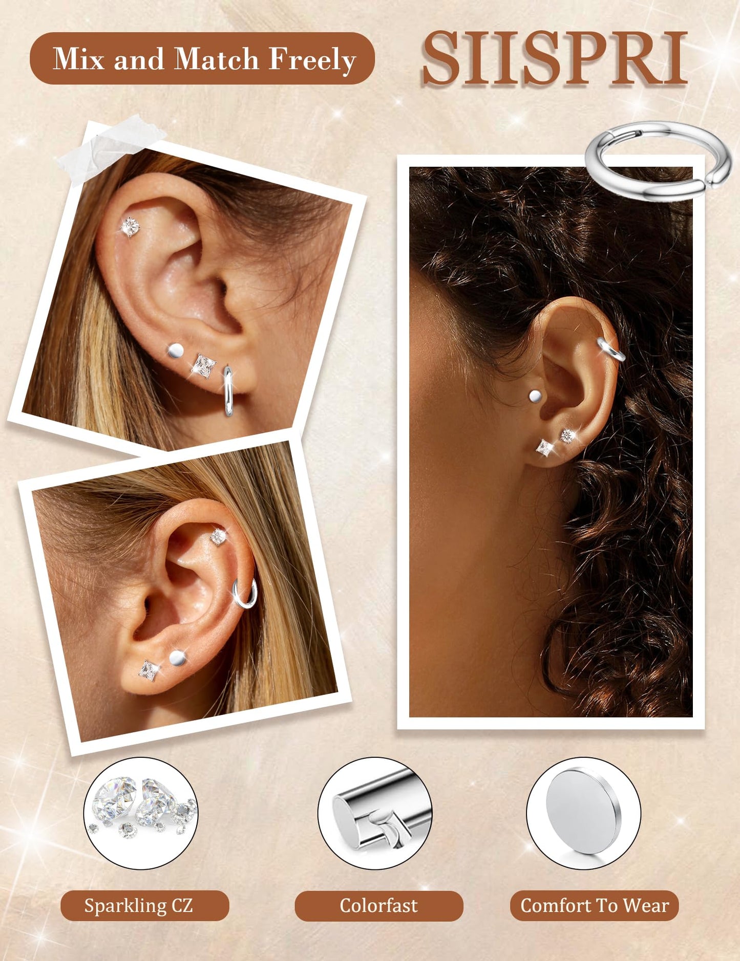 SIISPRI Magnetic Earrings for Men and Women,4 Pairs Clip on Earring Hypoallergenic Shiny Cubic Zirconia Stud Earrings Unisex Non Pierced Silver Ear Cuff Gold Fake Huggie Earrings Set (Silver)