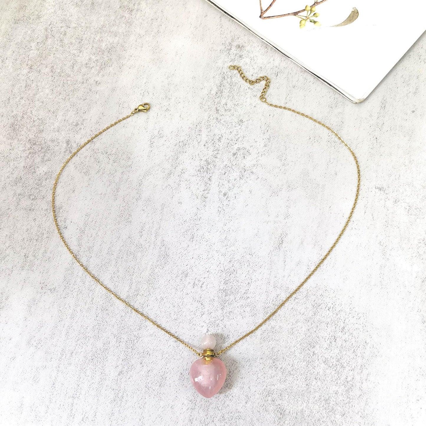 Ladywowu Real Rose Quartz Perfume Bottle Necklace, Rose Quartz Heart Stone Vial Necklace for Essential Oil
