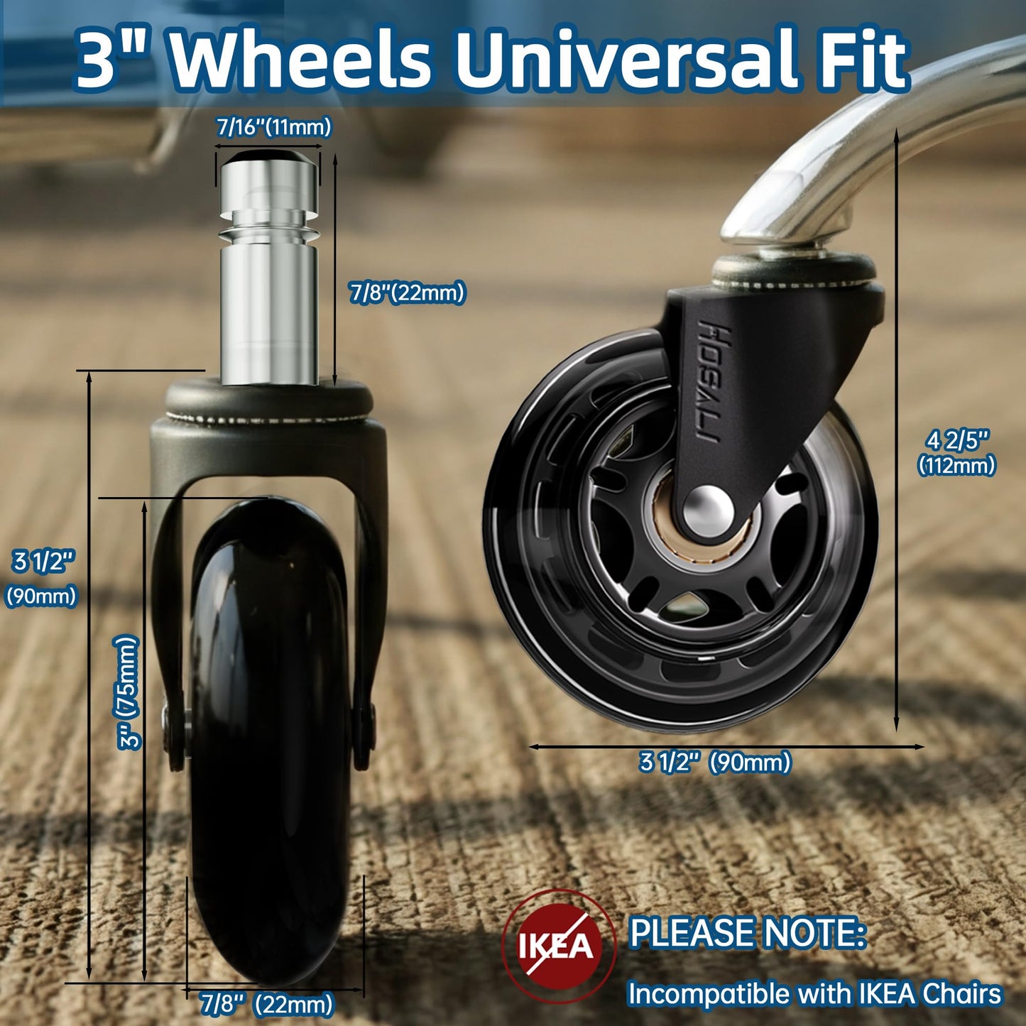 HOSALI 3 Inch Office Chair Wheels - Rubber Chair Casters Replacement, Heavy-Duty Computer Gaming Desk Caster Wheel Smooth & Safe Rolling for All Floors Including Hardwood and Carpet, Set of 5