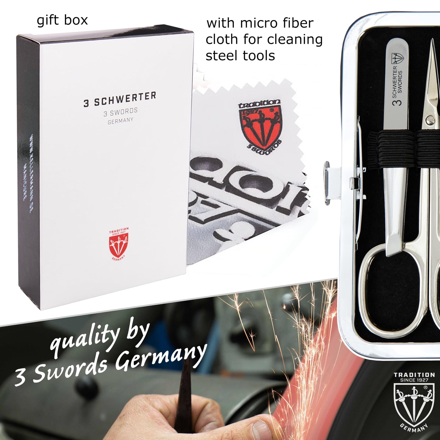 3 Swords Germany - Brand Quality 6 piece Manicure Pedicure Grooming kit Set - Scissors, Metal and Glass Nail File, Clipper, Tweezers with Synthetic Leather case - Black