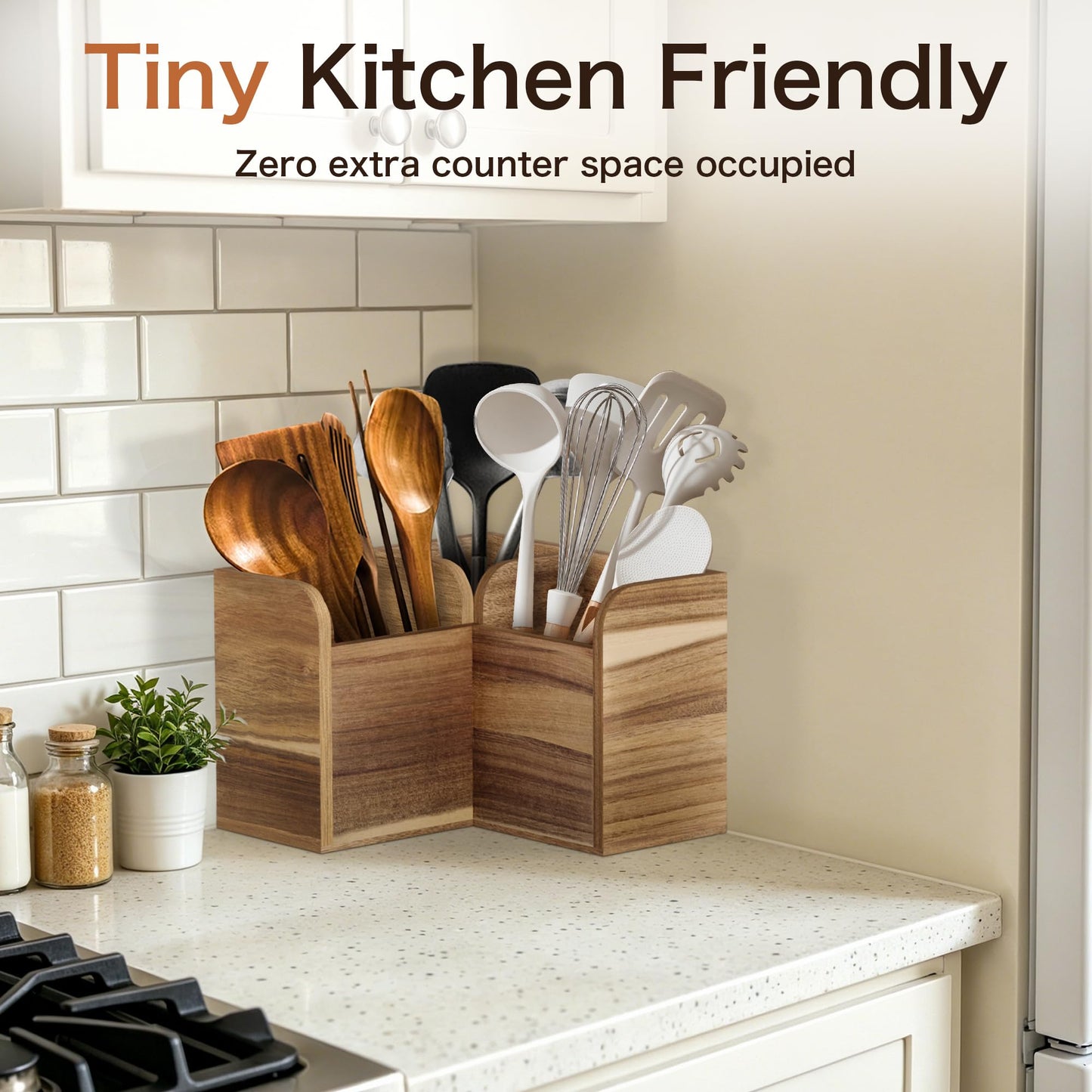 Vorisebo Acacia Wood Kitchen Utensil Holders for Countertop, Wooden Corner Utensils Holder with 3 Compartment, Farmhouse Utensil Caddy for Storage Cooking and Silverware, Opened Up Counter Space