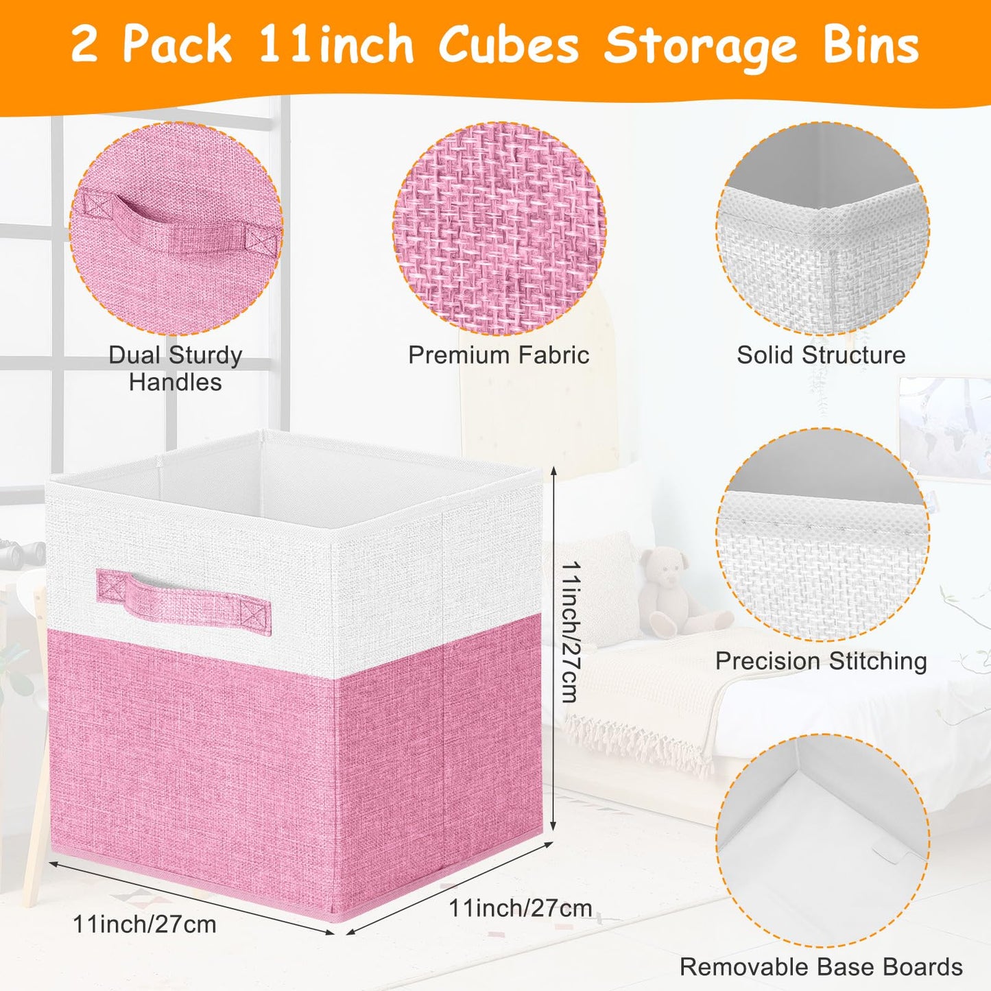 Fiwochic 3 Pack Large Storage Bins Set 23" Toy Chest Storage with Lids and 11" Cubes Organizer Bins for Kids Bedroom Closet Shelf Organizer for Clothes Blankets Nursery Playroom(Pink White)