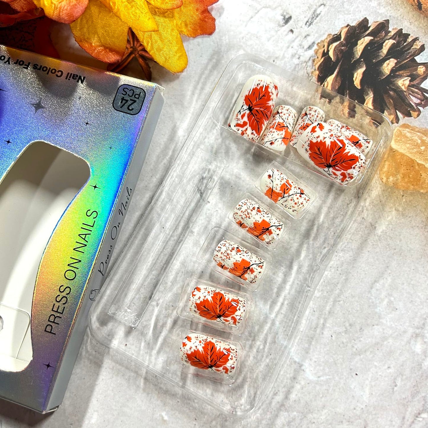 CJDLTS Fall Fake Nail Medium Square Thanksgiving Press on Nails Maple Leaf Artificial Fingernails Full Cover Glossy Autumn Stick on Nail Press Ons Festival Glue on Nails for Women 24Pcs