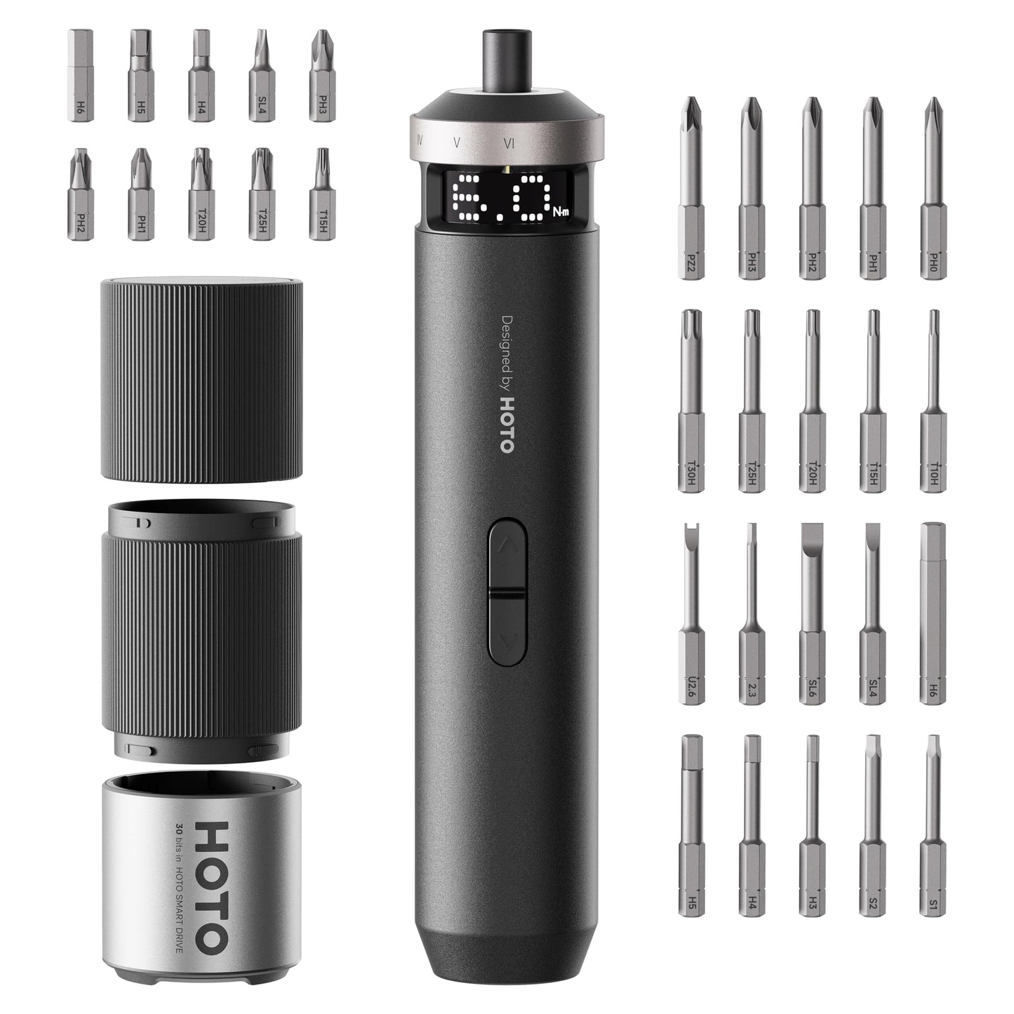 HOTO PixelDrive Electric Screwdriver, Smart Display, 6 Torque Settings, 0.5 to 6 N·m, 1/4'' Hex 30 Bits, LED Light, 2000 mAh Rechargeable Cordless Screwdriver Set for Electronics, Gadgets for Men