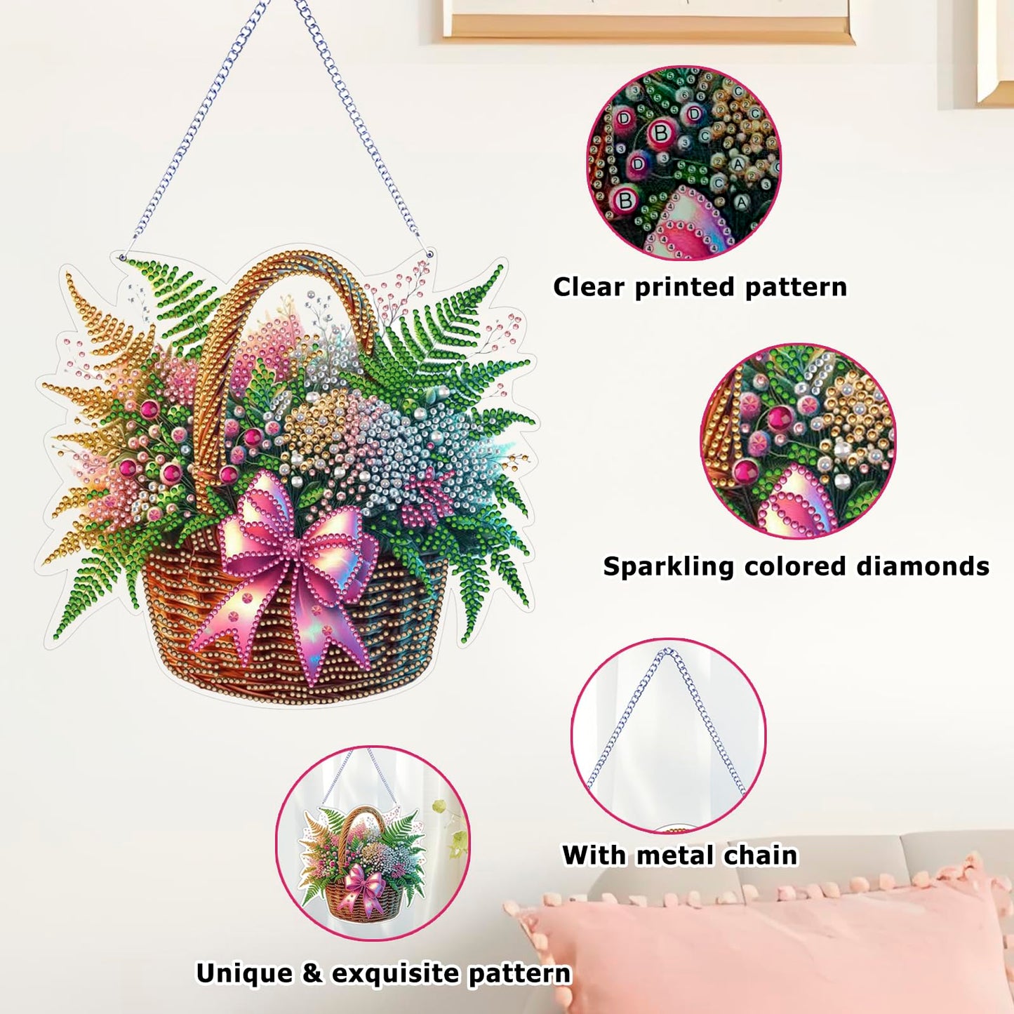 Koikify Hanging Diamond Art Kit for Adults, DIY Flower Basket Diamond Painting Ornament with Gem Painting Front and Printed Back for Home Decor and Gifts