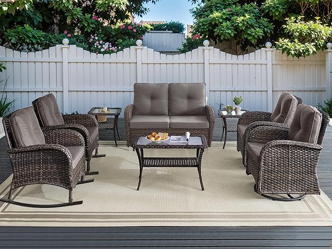 HUMMUH Patio Furniture 7-Piece PE Wicker Outdoor Conversation Set,All-Weather Swivel and Rocking Chairs,Glider Loveseat,Coffee Tables for Backyard,Poolside,Deck