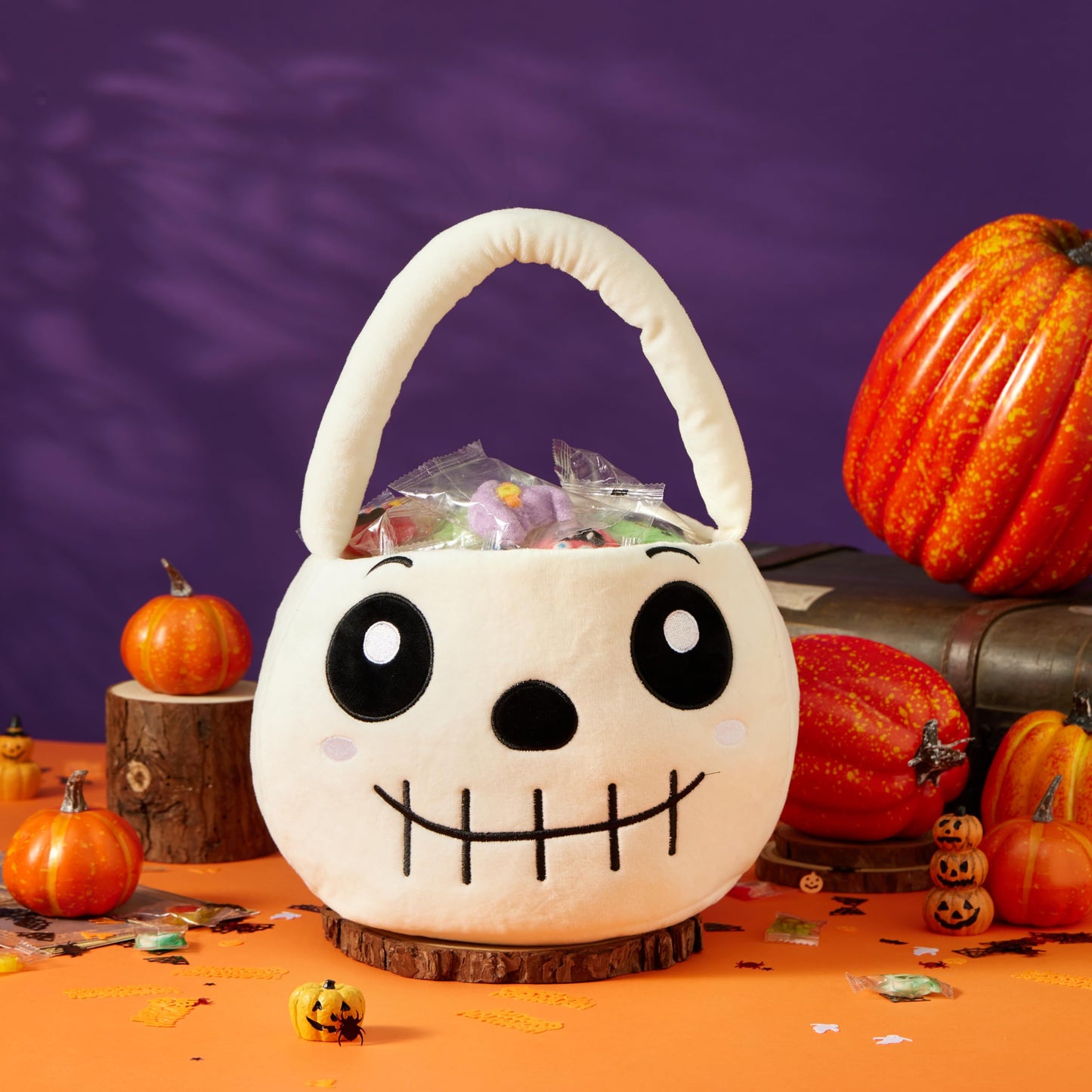 Ouksma Halloween Plush Treat Basket, Halloween Candy Basket, Trick-or-Treat Bag(White Skull)