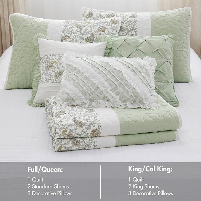 Madison Park King Quilt Set Cotton Coverlet Set with Cotton Filling for King Size Bed, All Season, Lightweight King Cotton Quilt Include Shams, & Décor Pillows, Dawn, King/Cal King Sage Green 6 Piece