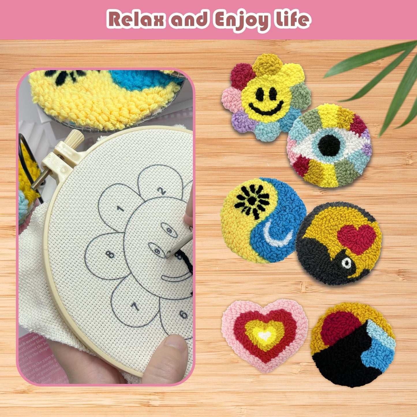SEREDH Punch Needle Coasters Kit for Beginners Adults Easy Needle Punch Embroidery Kit Set Threader Instruction Fabric Hoop Yarn Tufting Coaster DIY Making,Coaster Holder Coaster Art Craft Supplies