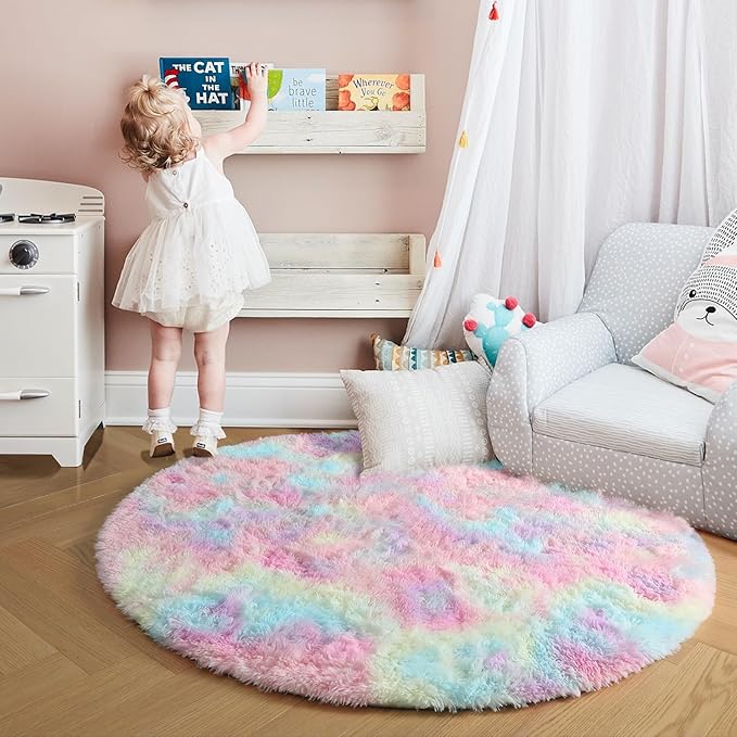 Amdrebio Rainbow Fluffy Round Rug 6Ft Kids Rugs for Girls Bedroom, Unicorn Room Decor, Colorful Pastel Plush Floor Carpet for Playroom Baby Nursery, Cute Shag Kawaii Circle Area Rug for Teen Princess