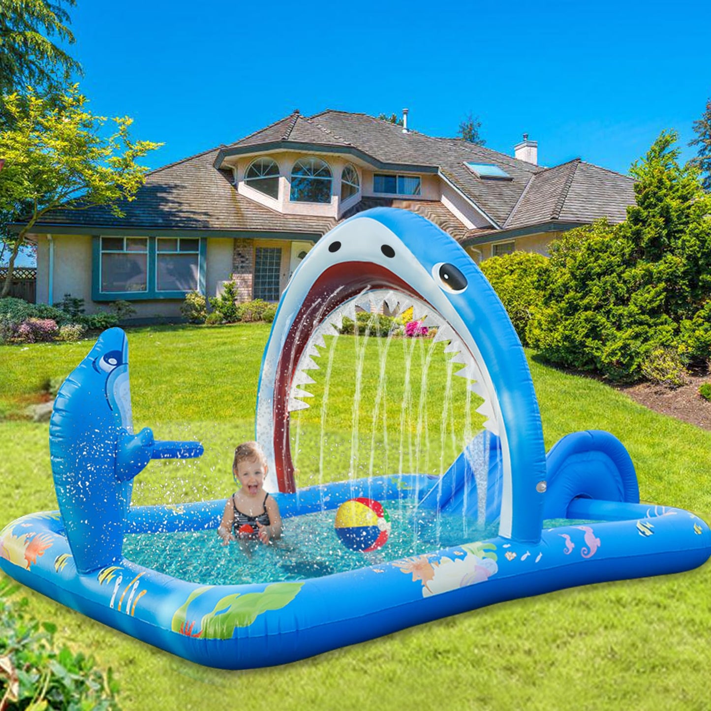 Onory Inflatable Kiddie Pool Inflatable Play Center Kids Toddler Pool with Water Slide, Water Sprayers Toddler Pool with Play Ball Hoop Thickened Swimming Pool for Backyard