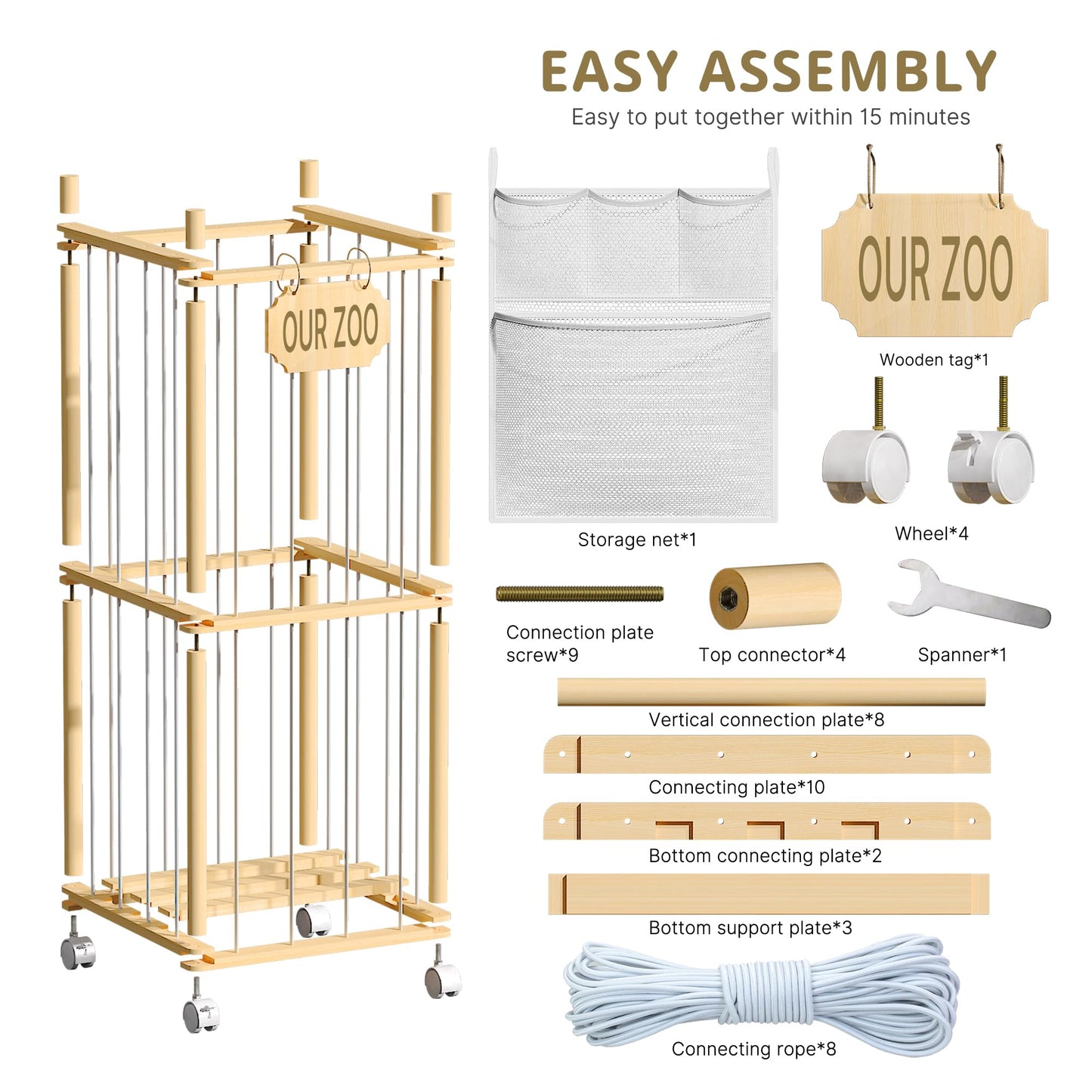 UAMFURI Stuffed Animal Storage with Net Wooden Toy Storage Organizer Stuffed Animal Zoo Storage with Lockable Wheels for Toddler Rooms, Playrooms & Bedrooms (2-Layers)