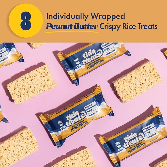 Crispy Rice Protein Treat Peanut Butter Bar | 25 g Protein, No Added Sugar, 7 g Fiber, Gluten Free | High Protein Snack for On-the-Go, Post-Workout or Dessert Cravings | 8 Count | TideTreats