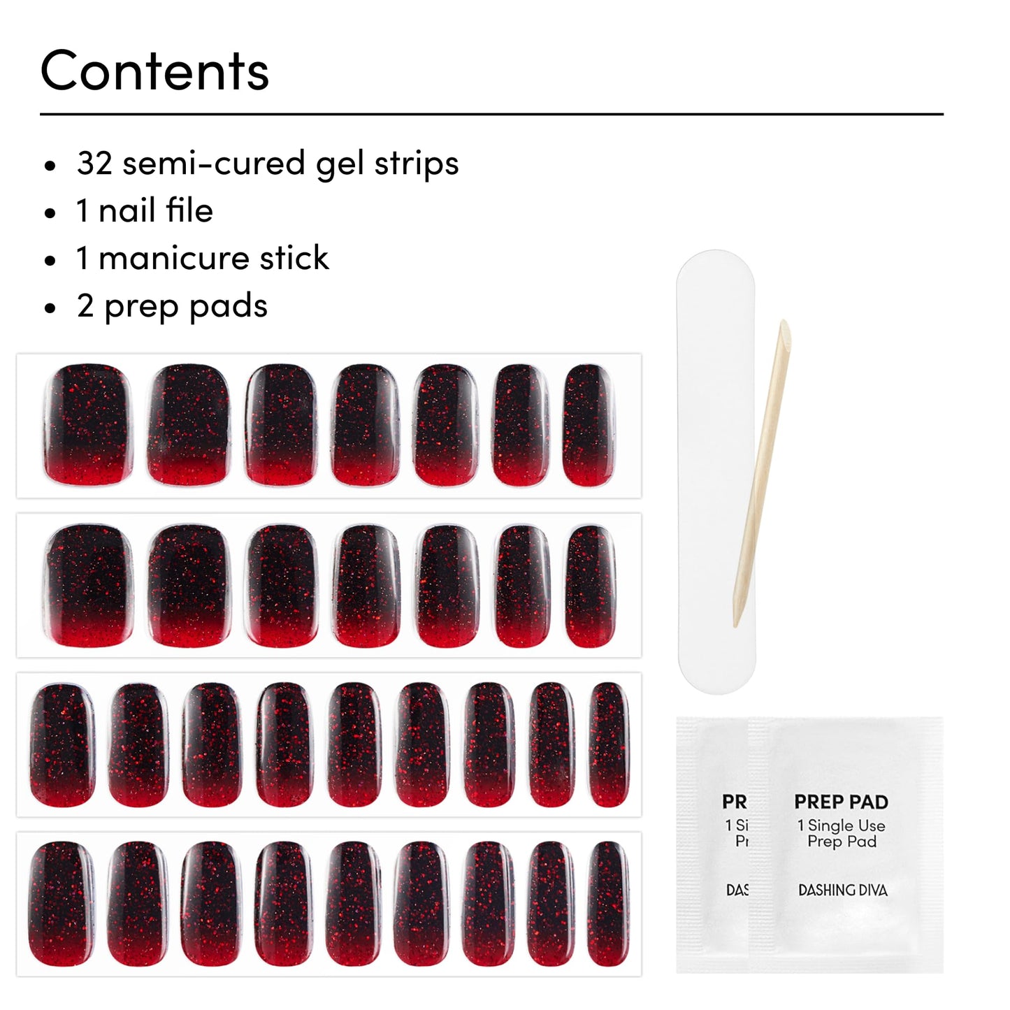 Dashing Diva Glaze Nail Strip Set - Just My Blood Type - Long Lasting, Chip Resistant, Semi-Cured Gel Nail Strips - Gel Set - 4-Piece Manicure Kit with 32 Strips