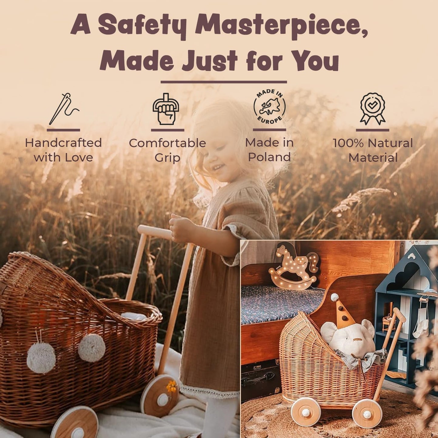 Wiklibox Natural Rattan Doll Stroller - Hand Made in Europe - Fits 17" Dolls & Plush Toys - Wicker Doll Pram & Baby Walker with Bedding Set - Perfect for Imaginative Play