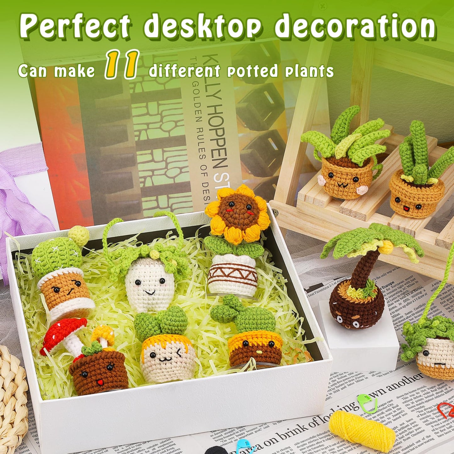FOUSNOW Crochet Kits, Plant Crochet Kits,11 PCS Potted Plants Crochet Starter Kit, Crochet Kit for Adults with Step-by-Step Video Tutorials, Craft DIY Knitting Supplies