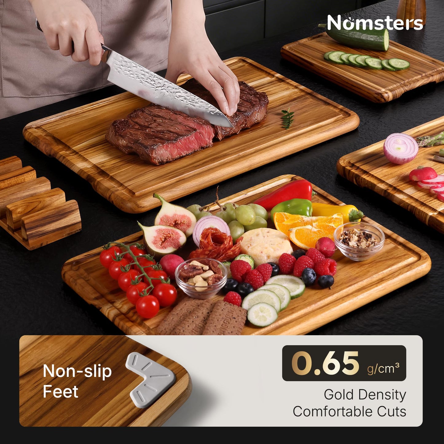 4 Pack Teak Cutting Board Set for Kitchen Heavy Duty Non Toxic Non Slip Solid Thick Wood Haus Chopping Board Extra Large Big Small Meat Best Wooden Charcuterie Board