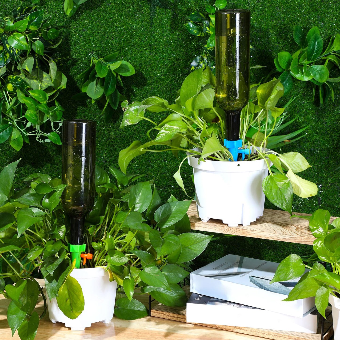 SiliFine 8 Set Plant Watering Devices with Self Watering Spikes and 26 oz Plastic Bottles Plant Waterer Devices with Adjustable Control Valve Switch Indoor Outdoor (Green)
