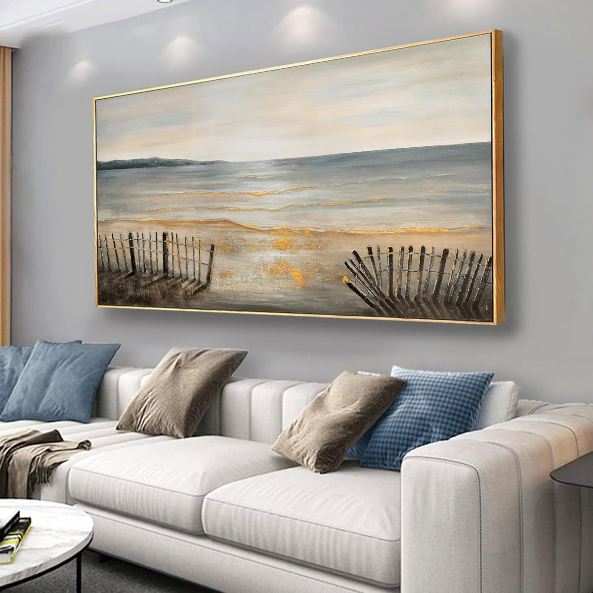 Yuaxker Large Ocean Wall Art Grey and Gold Wall Decor Framed Wall Hanging Wave Aesthetic Artwork for Living Room Bedroom Dining Room Office Home Decor 30x60 Inch